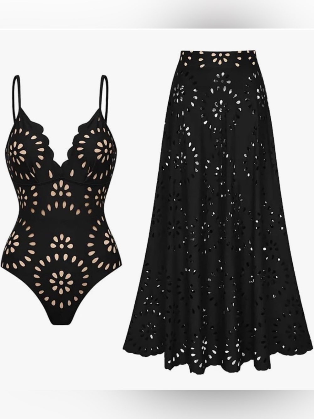 One Piece Laser-Cut Petal Swimsuit and Maxi Skirt Set - Size S